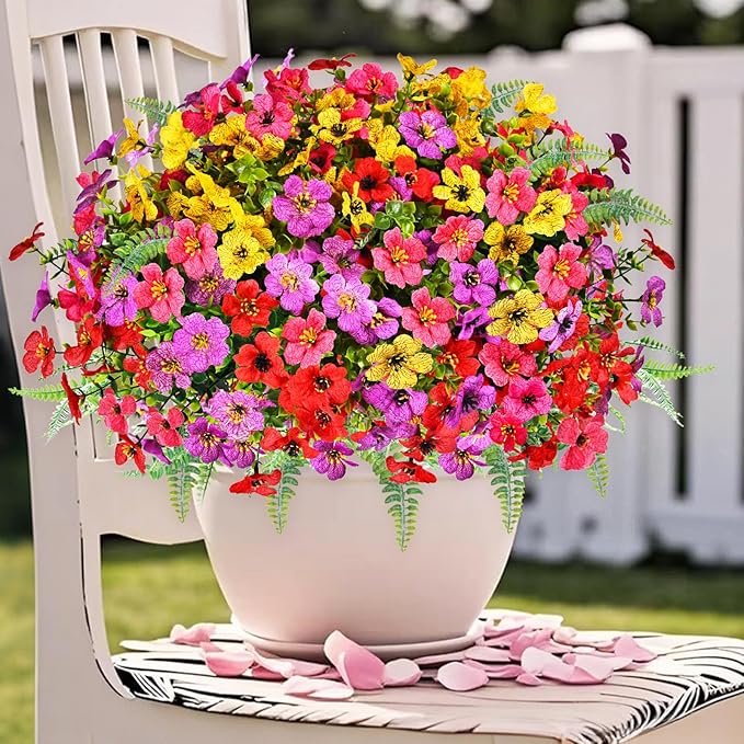 Artificial Faux Plants Flowers Outdoor Decoration,16 Bundles Fake Silk Colorful Daisy Eucalyptus Realistic UV Resistant for Outside Home Planter Porch Patio Yard Decor (Mix Purple Pink Yellow Red)
