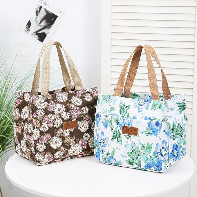 Dreubea Women's Floral Print Canvas Tote Bag - Small Reusable Shopping Handbag for Groceries, Takeout, Eco-Friendly Purse