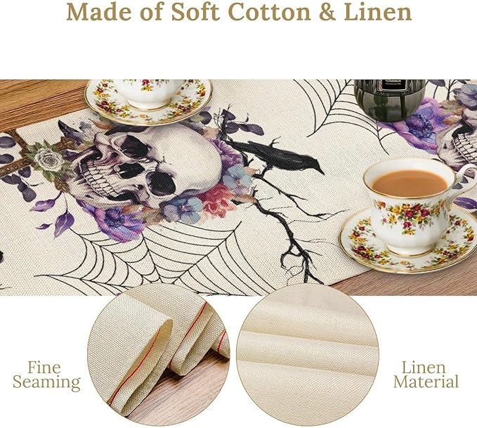 Gothic Floral Table Runner, Retro Dark Skull Spider Web Crow Flower Halloween Witchy Coffee Table Center Decor for Home Kitchen Dining Patio Holiday Party Table Decorations 13x72 inches