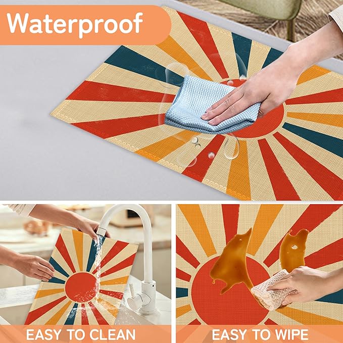 Abstract Sun Placemats Set of 6,Boho Geometric Washable Kitchen Dining Linen Table Mats for Home Party Dinner Indoor Outdoor 12x18Inch