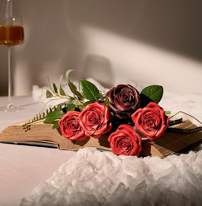 Handcrafted Genuine Leather Rose with Stem, Red, Gift Box Presentation, Lifelike Artisan Flower for 3rd Wedding Anniversary, Mother's Day (Red)
