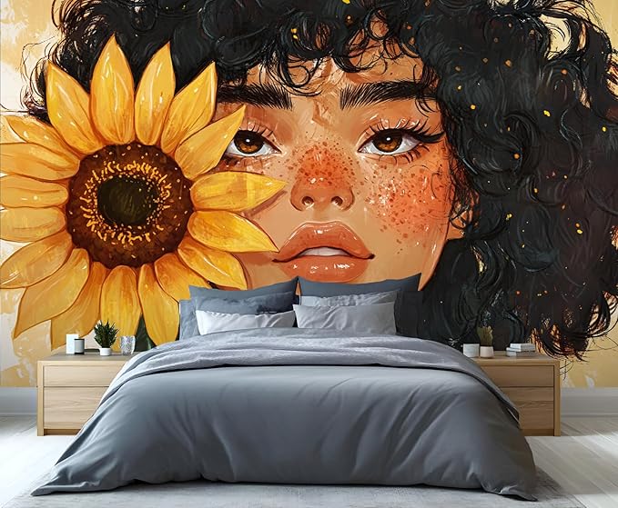 KIREUPA Sunflower Woman Art Wall Mural, Curly Hair Girl with Sunflower 3d Wall Murals, Modern Portrait and Flower Wallpaper Mural, for Living Room Bedroom Large Wallpaper Indoor Decor 78.7" W x55.1 H