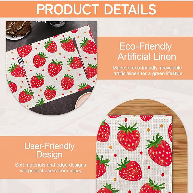 Cute Strawberry Placemat Set of 6,Heat Resistant Linen Table Mats for Indoor Outdoor Home Kitchen Dining Room Table 12x18Inch