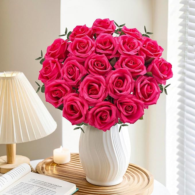 20PCS Artificial Roses with Long Stems - Realistic Silk Flowers, Fake Roses Real Touch Bouquet Roses for Home Decor, Bridal Wedding Table Centerpieces, Faux Rose Flowers (Hot Pink)