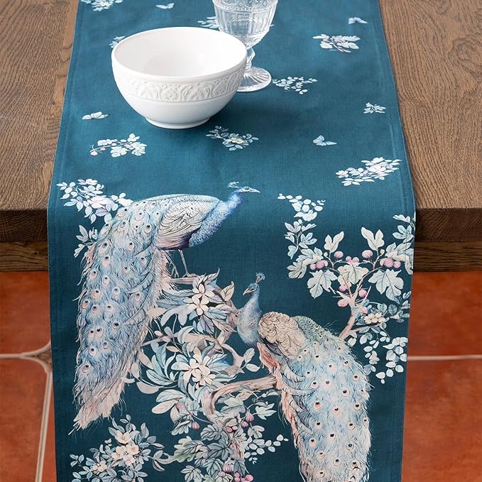 Maison d' Hermine Tablerunners 100% Combed Cotton Premium Table Runner Decorative Table Cover, Home, Kitchen & Camping, Peacock Utopia - Deep Sea, Double Layer - (14.5"x72")