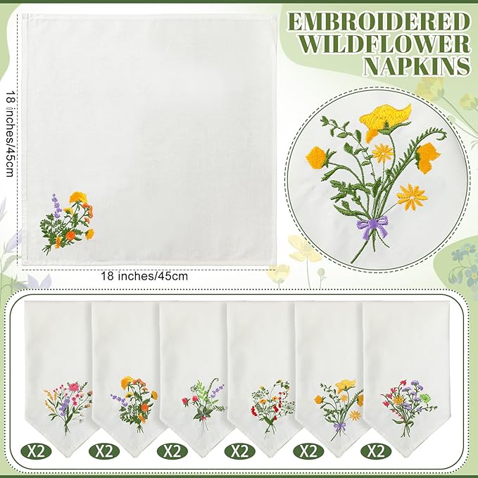 Tioncy 24 Pcs Christmas Floral Cloth Napkins Decorations Bulk Embroidered Wildflower Dinner Napkins Tea Cocktail Party Gifts Xmas Stocking Stuffers for Holiday Table Decor (White)