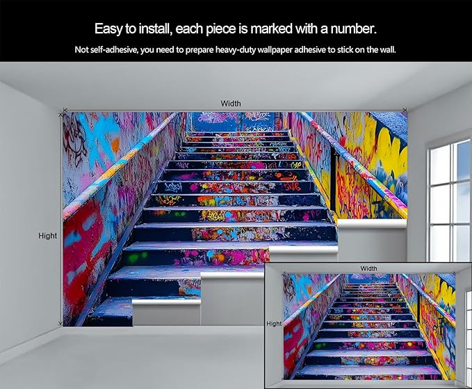 Graffiti Staircase Wall Mural, Urban Street Art 3D Wall Murals, Modern Hip-Hop Colorful Graffiti Steps Wallpaper Mural, for Living Room Bedroom Large Wallpaper Indoor Decor 118" W x 82.6 "H