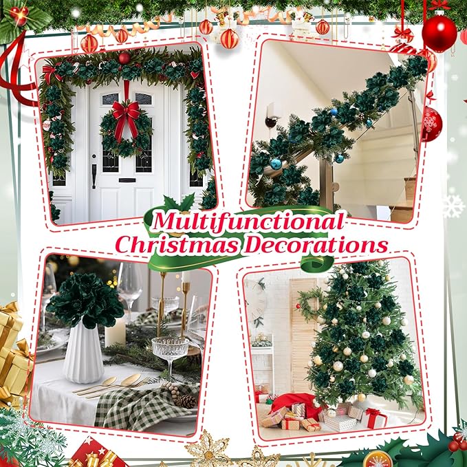 20 Pcs Christmas Glitter Poinsettia Magnolia Flowers Ornaments Large Heads Artificial Magnolia Flowers for Christmas Tree Xmas Wreath Holiday Wedding Decor(Green)