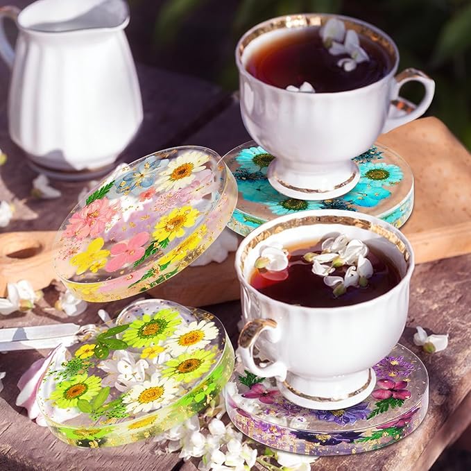 Flower Coasters, Tumwisk 4Pcs Dried Flower Drink Coasters, Women Coffee Table Dining Table Desk Aesthetic Coaster Set Natural Floral Coaster Home Decoration Housewarming Present