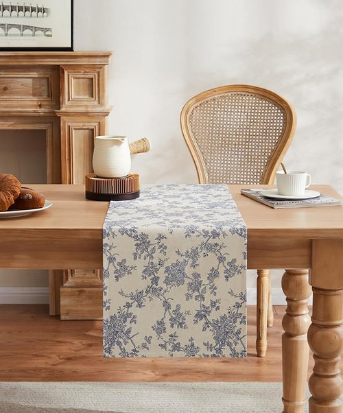 100% Cotton French Pastoral Table Runners, 13x60 Inch Blue Farmhouse Table Runners 60 Inches Long, Vintage Flowers Print Home Decors
