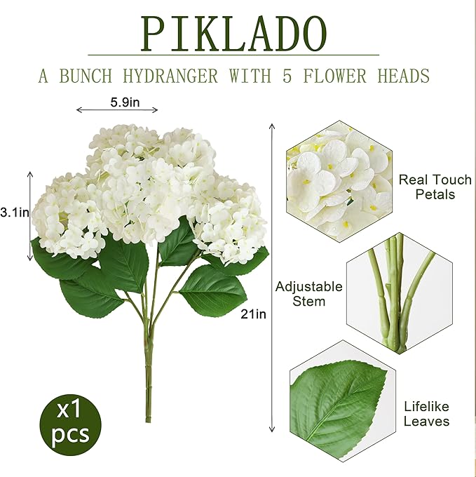A Bunch 21in， White Real Touch Hydrangea Artificial Flowers， with 5pcs Flower Head 10pcs Leaves， Faux Hydrangea Flowers for Home Office Decor Wedding Party Arrangements (1, White)