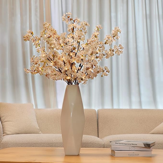 Sunm Boutique 3 PCS Silk Cherry Blossom Branches, Lighted Brown Twig Branches, Artificial White Cherry Blossom Flower, Cherry Blossom Stems Decor Faux Cherry Blossom Tree for Wedding Home Decor, 39'