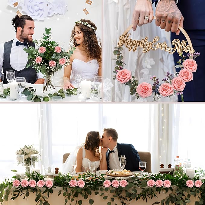 100PCS Artificial Flowers Pink Roses Real Looking Foam Fake Roses with Leaves and for DIY Wedding Bouquets Bridal Shower Centerpieces Party Decorations (Pink, 100)