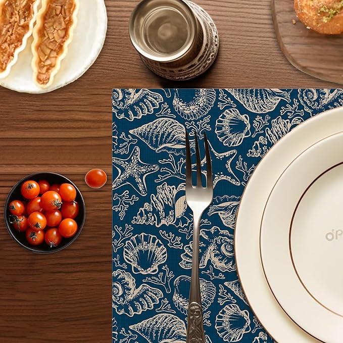 Ocean Coral Teal Placemats Set of 6,Washable Heat Resistant 12×18 Inch Linen Table Mats Coastal Place Mats for Party Outdoor Dining Décor