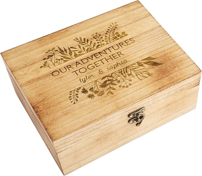 Let's Make Memories Personalized Wooden Keepsake Box With Hinged Lid - Wood Memento Box - Decorative Storage - Home Decor - For Couples, Wedding, Newlyweds - Laser Engraved - Our Adventures Together