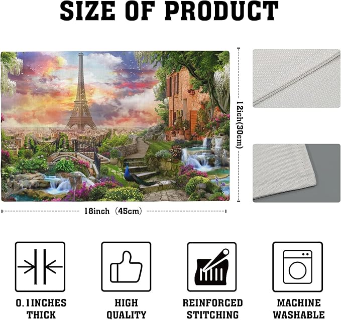 Paris Eiffel Tower Placemats Set of 4,Flower Garden Placemats for Dining Table,Heat Resistant Stain Resistant Wipeable Table Mats for Kitchen Dining Holiday Party Home Decor,12x18 Inch