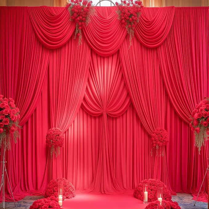 Red Backdrop Curtains 4 Panels-Wrinkle-Free Polyester Photography Drapes Party Photo Backgrounds for Wedding Christmas Photo Backdrops- 16 X10FT (Red)