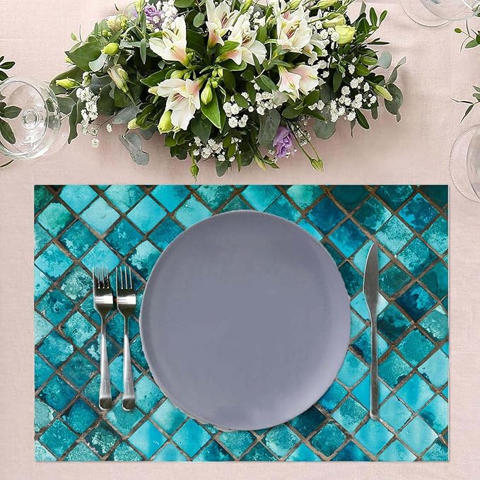 Placemats Set of 4 Square Glass Mosaic Place Mats Washable Table Dinner Mats Linen Table Mats for Kitchen Dining Party Home Kitchen Decor 12x18 Inch