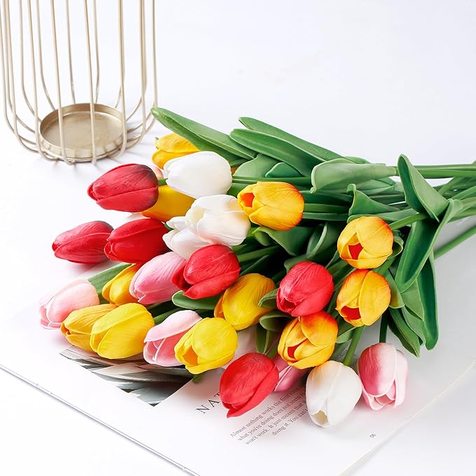 Sggvecsy 30 Pcs Fake Tulips Artificial Flowers Real Touch PU Faux Flowers Tulip Stems for Wedding Spring Bouquet Floral Arrangement Home Party Office Decorations for Mother's Day (Multi Colors)