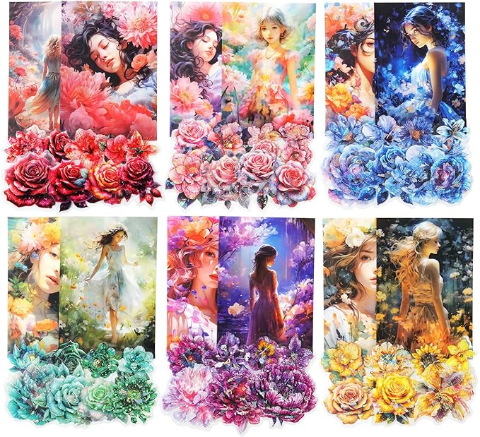 90Pcs Floral PET Stickers, Fantasy Holographic Stickers for Scrapbooking, DIY Crafts, Journaling Supplies & Junk Journal Ephemera