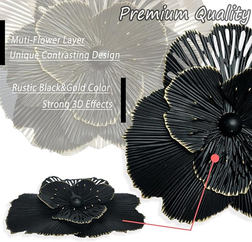 10" Metal Flower Wall Art Decor, Rustic Modern Floral Sculpture, Distressed Iron Wall Hanging Home Decoration Accent Artworks for Indoor Kitchen Bedroom Living Office Outdoor Garden Patio (36C-Black)