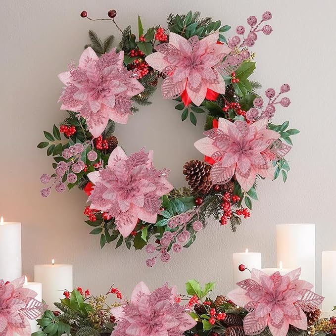 24 Pcs Pink Boxed Christmas Poinsettia Flowers Set, 16 Pcs Artificial Poinsettias with Clips, 8 pcs Glitter Christmas Tree Ornaments Berry Stems for Wedding Home Holiday Xmas New Year Decorations