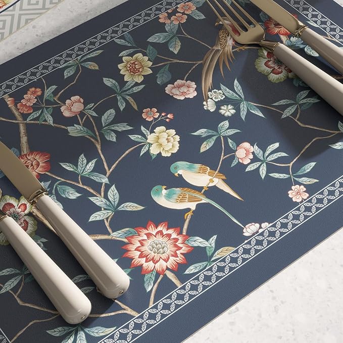 patdrea Blue Chinoiserie Rectangular PVC Placemats, Pack of 6, Waterproof Insulation, Soft and Durable, Suitable for Dining Table, Kitchen and Coffee Table Decoration,12"*17"