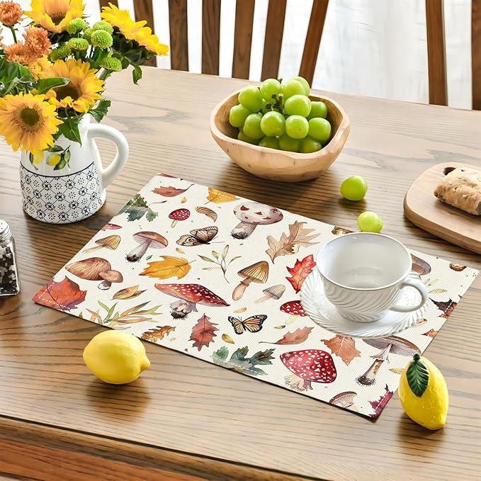Mushroom Botanical Placemats Set of 4 Mushroom Plants Place Mats Botanic Waterproof Washable Table Mats Kitchen Dining Decoration 4 PCS