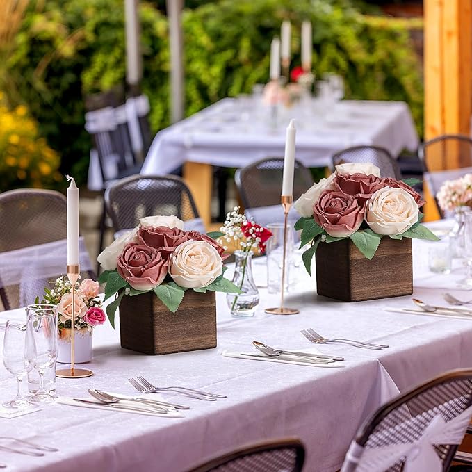 Dining Table Centerpiece Set of 3 - Pre-Made Aritifial Rose with Wooden Vase Fake Floral Arrangment Faux Flower for Wedding Bridal Tea Party Event Decorations - Dusty Pink & Champagne