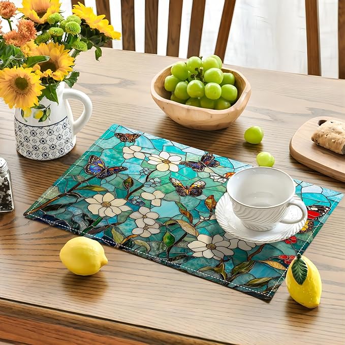 Butterfly Teal Placemats Set of 4, Colorful Stained Glass Place Mats, Rustic Flowers Dining Table Mats, Washable Placemats for Kitchen Dining Room Home Decor 18L'' × 12W''