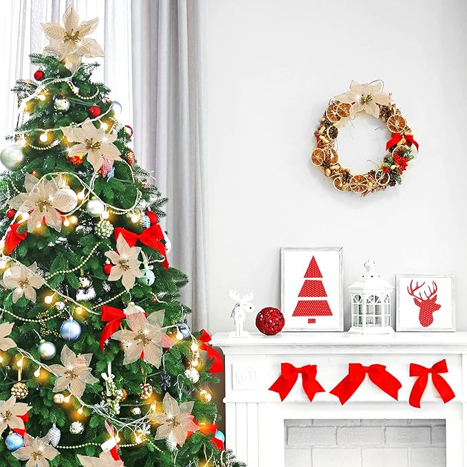 WILLBOND 24 Pcs 3 Size Poinsettia Flower Artificial Christmas Decor Glitter Poinsettia Christmas Ornaments Faux Flowers for Xmas Tree Outdoor(3.2/4/6 Inches,Gold)