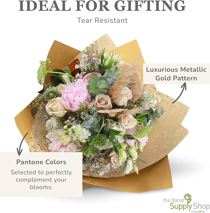 the florist Supply 20 Sheets Premium Flower Wrapping Paper | Waterproof Flower Wrapping Paper for Bouquets | Double Sided Floral Bouquet Sheets | DIY Gifts Isabella Kraft/Gold