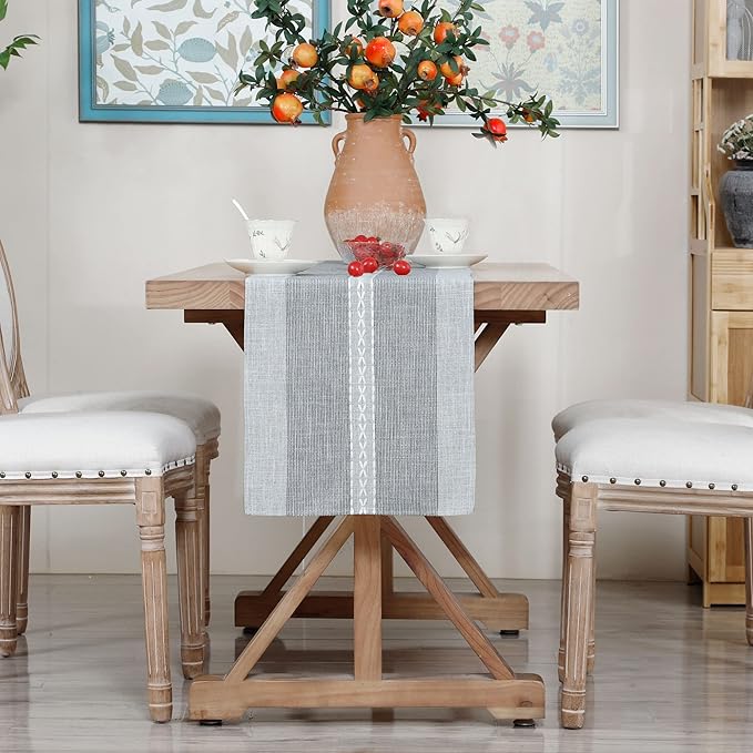 Farmhouse Braided Striped Table Runner Rustic Embroidery Coffee Table Runners for Decorations Weddings Holiday Grey 13x108inch