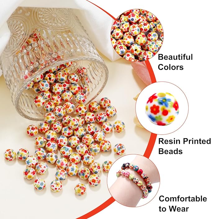 100 PCS 10mm Resin Beads Bulk for Bracelet Making Kit, Colorful Floral Printed Round Loose Beads for Jewelry Earring Necklace Rings Art Craft DIY Projects