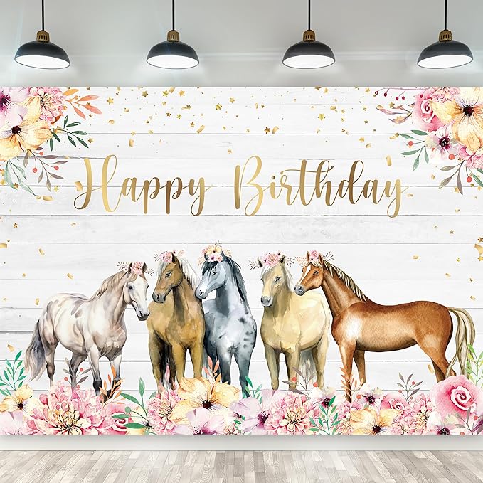 Riyidecor Horse Happy Birthday Backdrop for Girls Women 7Wx5H Feet Polyester Fabric Rustic Western Cowgirl Watercolor Florals Photography Background Wooden Table Decor Banner Studio Photo Shoot