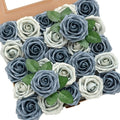 Ling's moment Artificial Flowers 25Pcs Dusty Blue & Navy Roses Decor w/Stems,3" Real Touch DIY Foam Floral for Wedding Bouquet/Centerpieces, Outdoors Party Backdrop, Room/Table, and Garden/Pot Decor