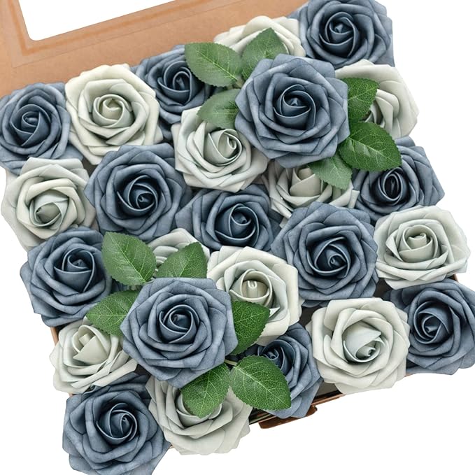 Ling's moment Artificial Flowers 50Pcs Dusty Blue & Navy Roses Decor w/Stems,3" Real Touch DIY Foam Floral for Wedding Bouquet/Centerpieces, Outdoors Party Backdrop, Room/Table, and Garden/Pot Decor