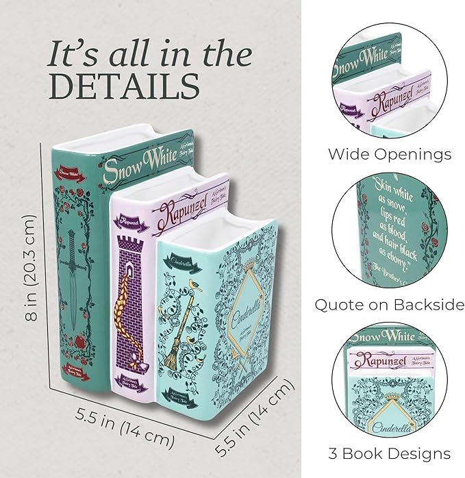 Steel Mill & Co Original Triple Book-Shaped Decorative Vase, Tiered Ceramic Bookshelf Decor, Unique Flower Holder for Book Lovers, Grimm's Fairy Tales