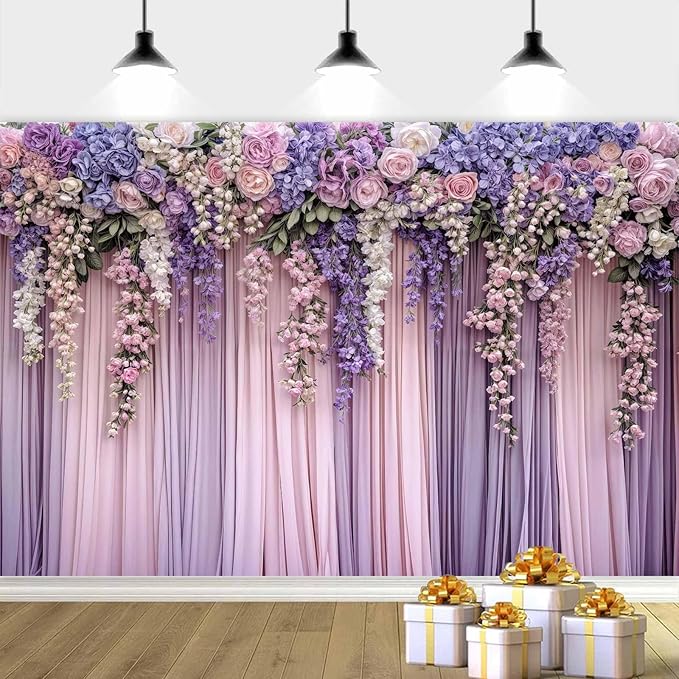 12x10ft Purple Flower Wedding Photography Backdrop Lavender Floral Wedding Bridal Photography Backdrop Anniversary Birthday Baby Shower Girl Party Banner Photo Booth Props Background Wall Decor