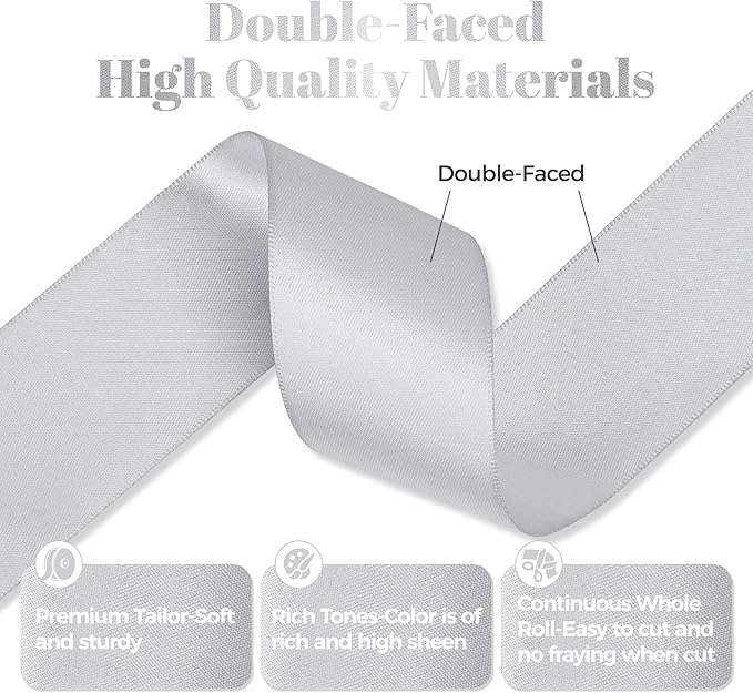 Silver Satin Ribbon, Double Faced 1-1/2 Inch X 50 Yards Silver Ribbon, Premium Satin Ribbon for Gift Wrapping, Crafts, Hair Bow Making, Sewing, Flower Bouquet, Wedding Party Decor