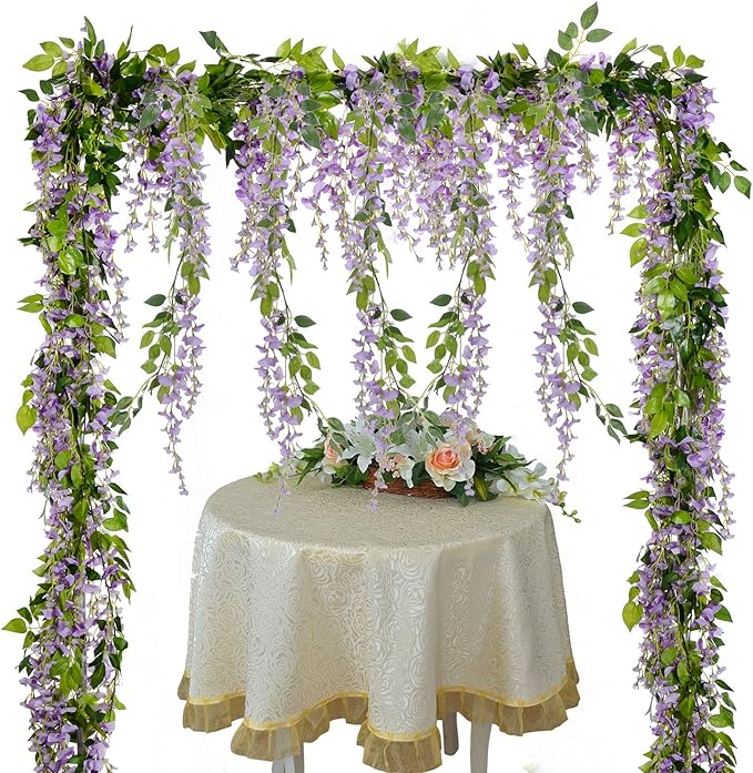 Lvydec Wisteria Artificial Flowers Garland, 4 Pcs Total 28.8ft Artificial Wisteria Vine Silk Hanging Flower for Home Garden Outdoor Ceremony Wedding Arch Floral Decor (Light Purple)