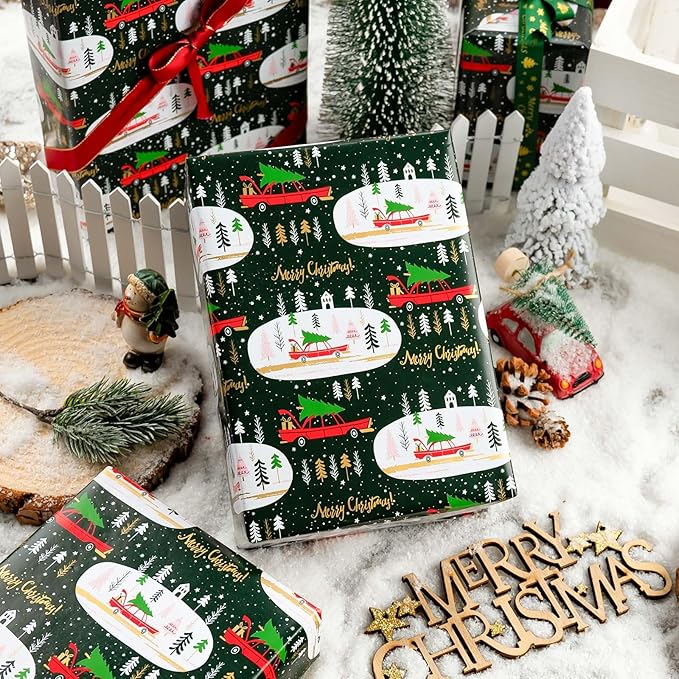 MAYPLUSS Green Christmas Wrapping Paper - 17In x 33 Feet - Truck, Christmas Tree Xmas Gift Wrapping, Gold Foil Wrapping Paper for Holiday, Party, Birthday New Year Gift Wrapping Paper,Mini Roll