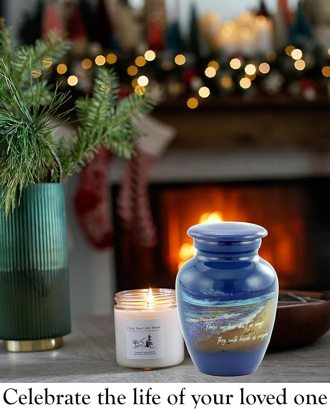 Footprints Keepsake Urn - Footprints Mini Cremation Urns for Ashes - Handcrafted Miniature Beach Sharing Urn - Mini Memorial Blue Urns with Premium Box & Velvet Bag (Keepsake)
