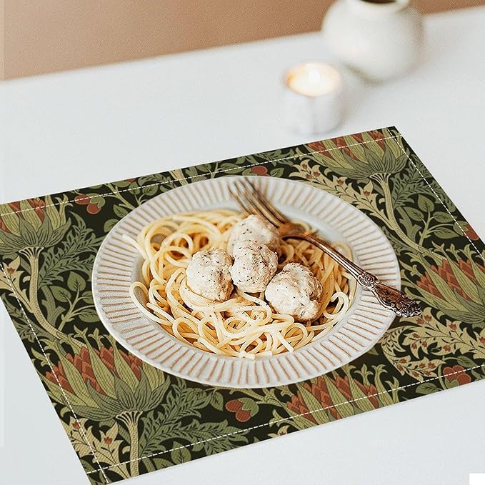 Vintage Boho Florals Placemats Set of 4, William Morris Retro Botanical Plant Foliage Place Mats, Heat Resistant Non Slip Cotton Linen Dining Table Mats for Home Kitchen Party 18x12 Inch