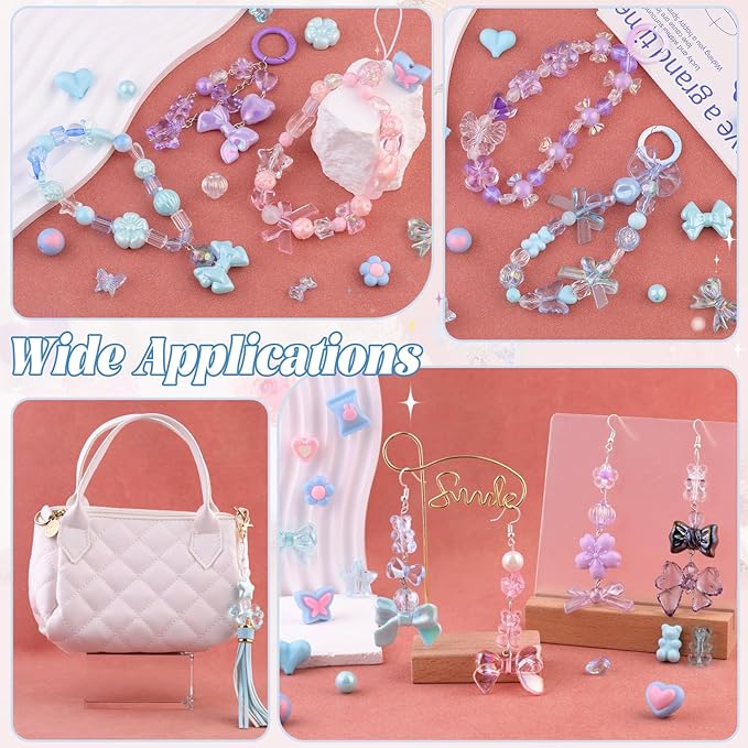 Assorted Acrylic Beads, 200-260PCS Blue Cute Beads for Bracelet Making, GummyBear Bow Flower Candy Kawaii Charms for Jewelry Making DIY Necklace Keychain Phone Charm Christmas Gift
