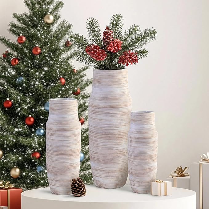 ALMA 14 inch White Floor Vase for Modern Living Room Home Decor, Big Boho Ceramic Vases for Tall Pampas Grass, Decorative Ribbed Flower Vases for Entryway Table, Kitchen Island, Fireplace Decor