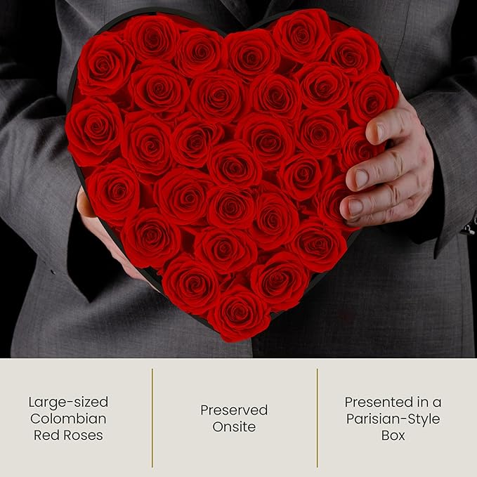 The Eternity Rose 30-Piece Preserved Roses in a Luxury Gift Box – Real Roses in Heart Black Box – A Valentine’s Gift as Everlasting as Your Love