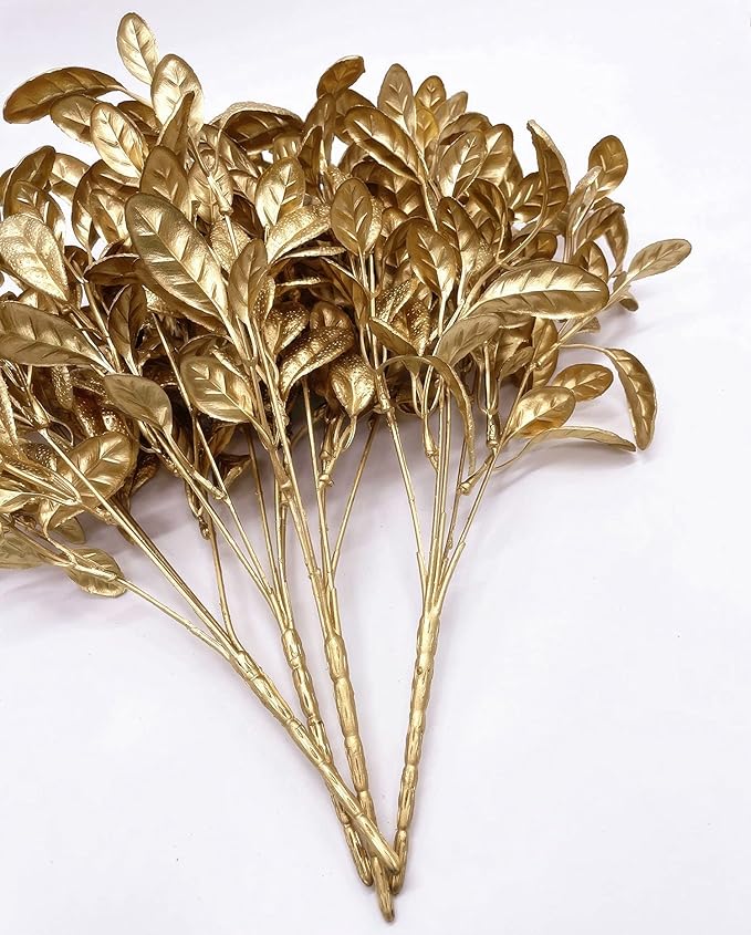 PASYOU Golden Fake Plants, Artificial Leaves Decoration for Christmas Flowers Grass Plastic Faux DIY Crafts Indoor Outdoor Home Garden Party Room Bedroom Wedding Table Centerpiece Decor, Gold 4 Pack