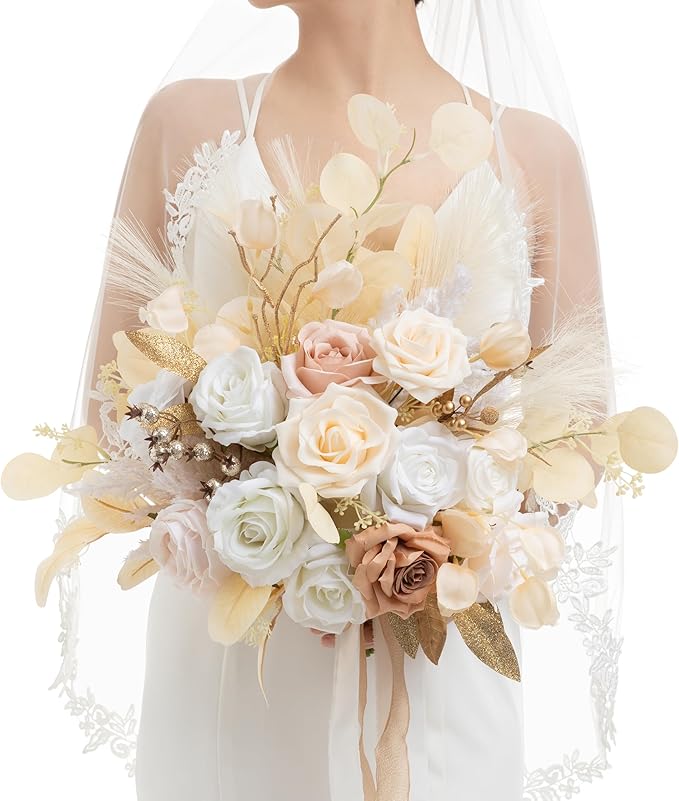 Ling's moment Boho Wedding Bouquets for Bride, White Beige and Gold Bridal Bouquets for Bride, 15 Inch Free Form Artificial Wedding Flower Bouquet