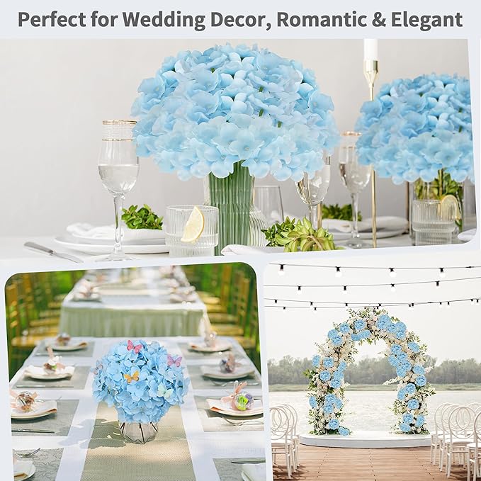 64PCS Artificial Hydrangea Flowers with Stems, Silk Flower Heads with 15 Butterfly, Crystal Strings and LED Lights for Wedding Arch, Centerpiece, Home, Garden Party Décor (64, Blue)